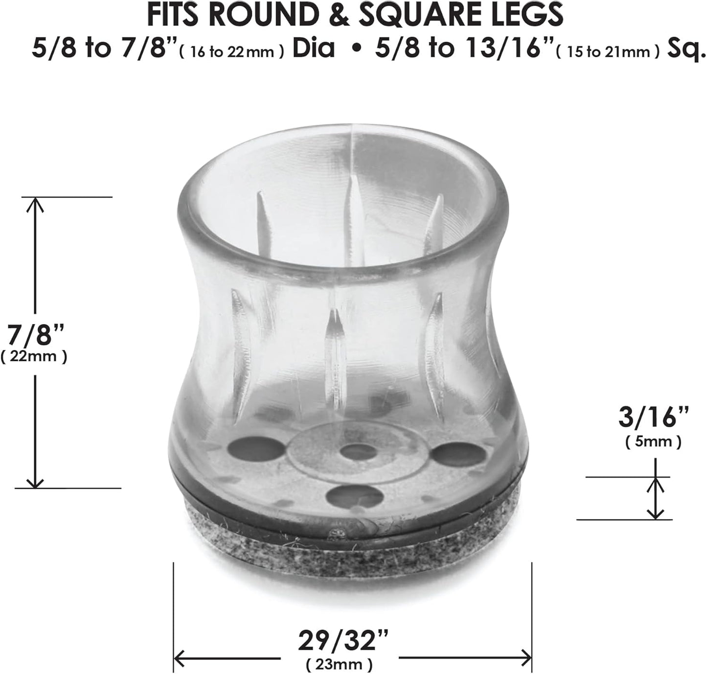 Slipstick GorillaFelt Chair Leg Floor Protectors for Hardwood Floors, Clear Sleeve Felt Pads for