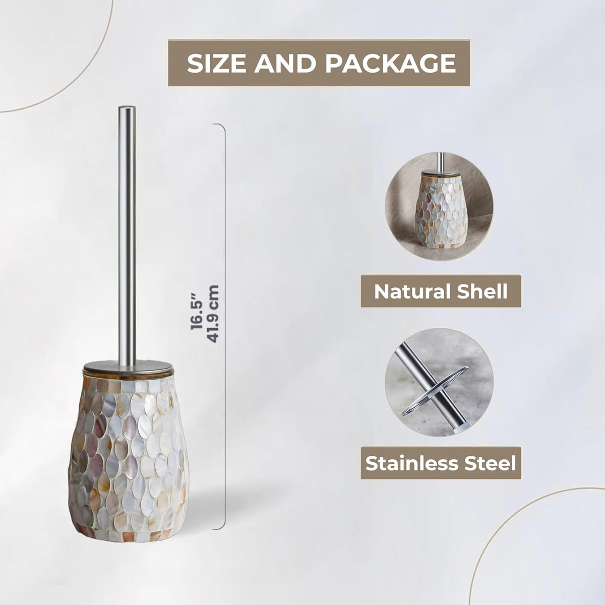 Escenzy Modern Toilet Brush and Holder Set | Natural Shell Mosaic Glass | Non-Rustic Stainless