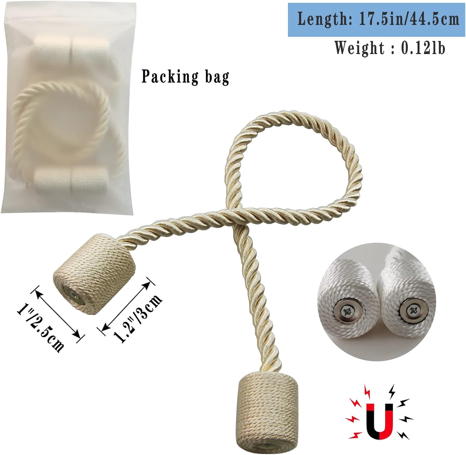 Magnetic Curtain Tiebacks 4 Pack Beige Curtain Rope Tieback Curtain Holders for Drapes Modern Tie