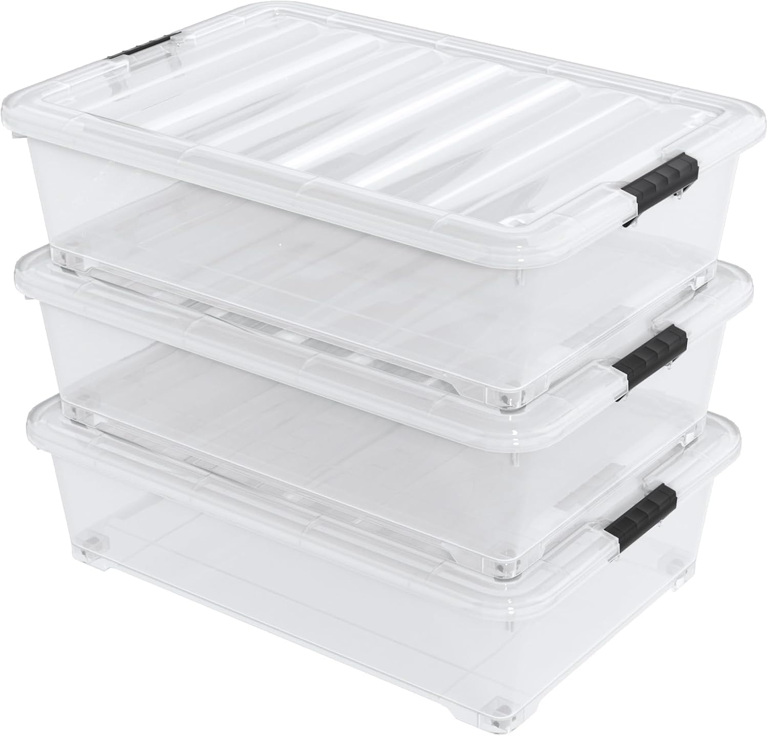 50 Quart Large Clear Plastic Under Bed Storage Bins with Wheels, 3-Pack Stackable Storage Bin with