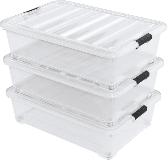 50 Quart Large Clear Plastic Under Bed Storage Bins with Wheels, 3-Pack Stackable Storage Bin with
