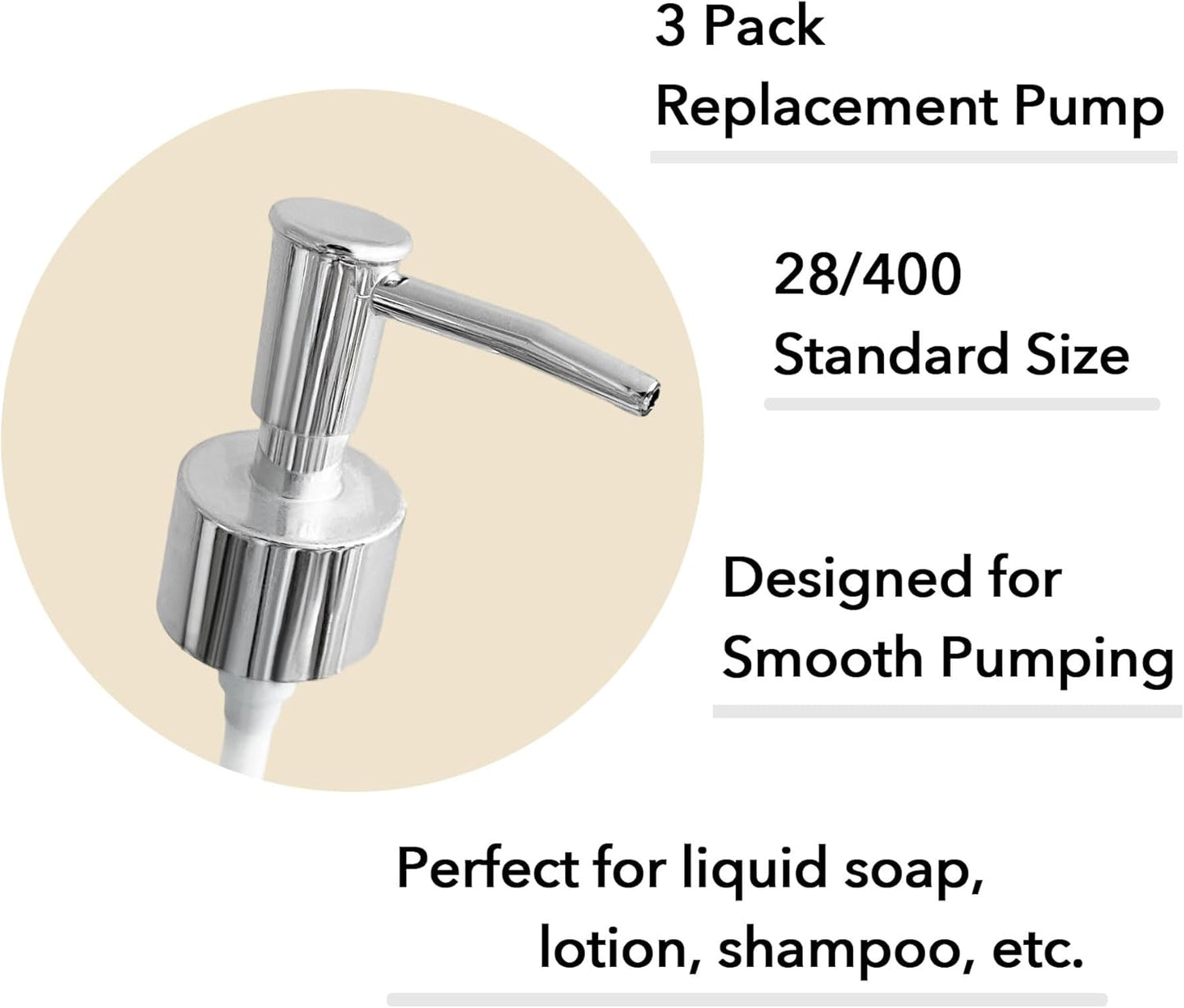 Soap Dispenser Pump Head Replacement 3 Pack, 28/400 Threads Standard Size, for Bathroom and Kitchen