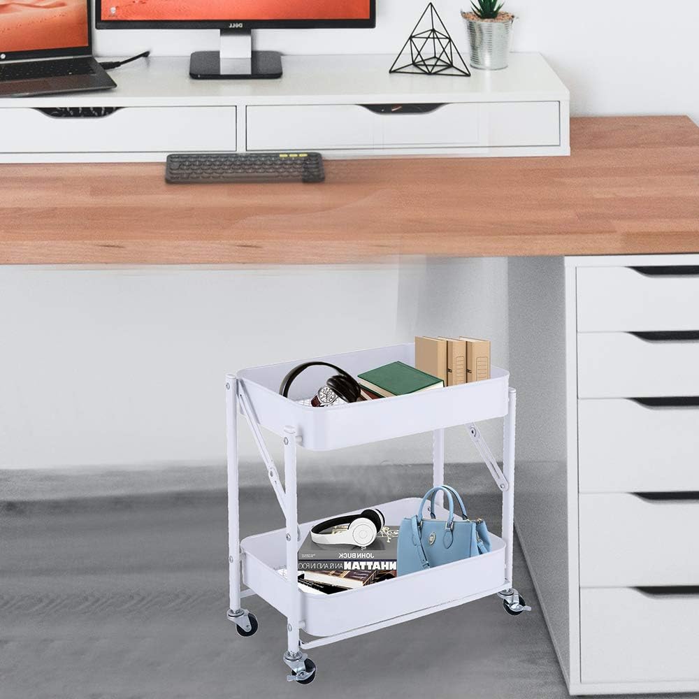 Melody House 2-Tier Metal Folding Rolling Cart, Mobile Utility Cart Trolley Storage Organizer for