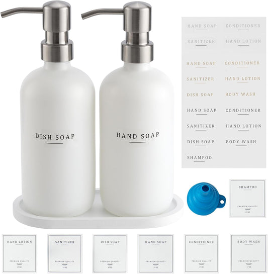 Glass Soap Dispenser - Dish Soap Dispenser for Kitchen and Hand Soap Dispenser Set, Bathroom Soap