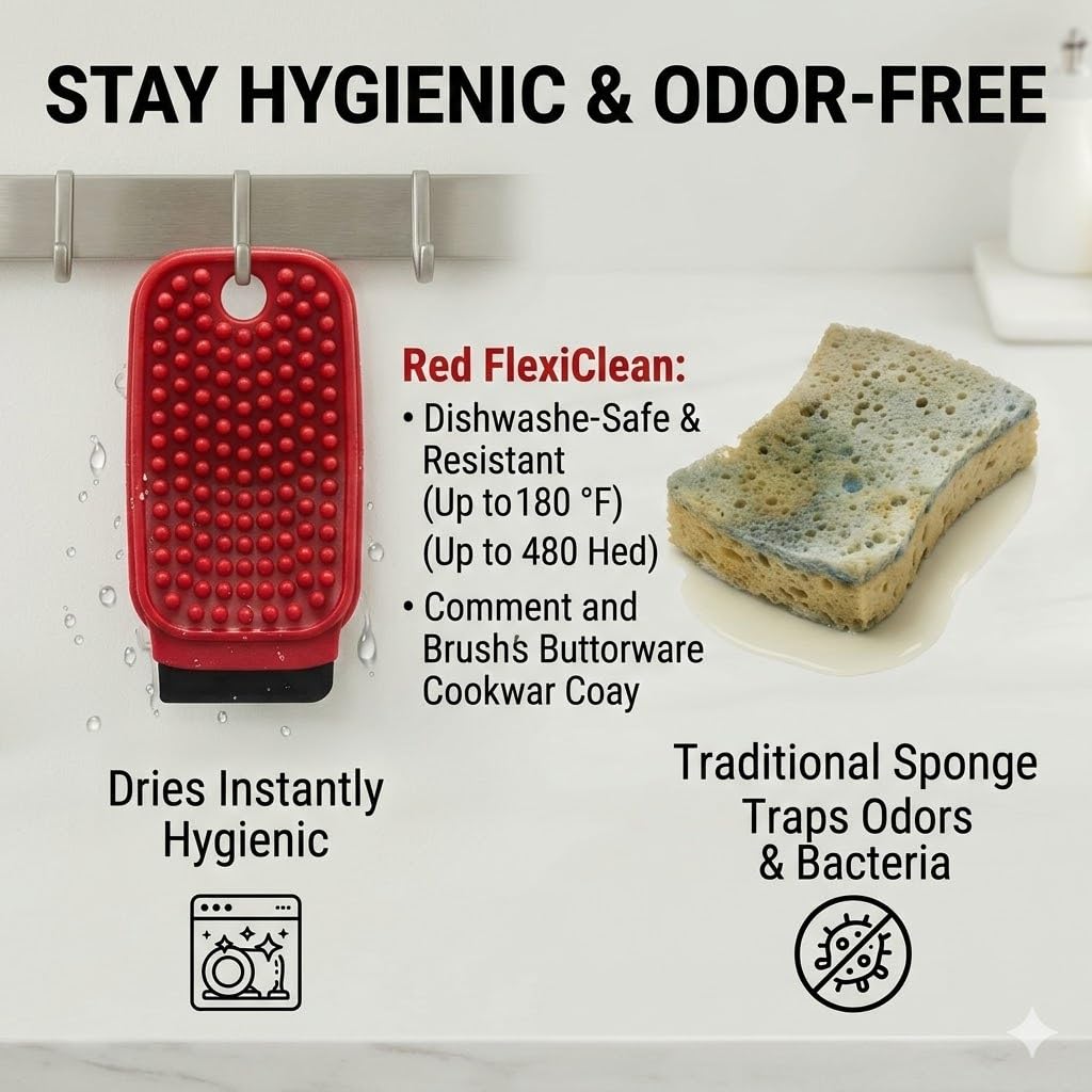 Red 3-in-1 silicone dish scrubber with scraper – view 7