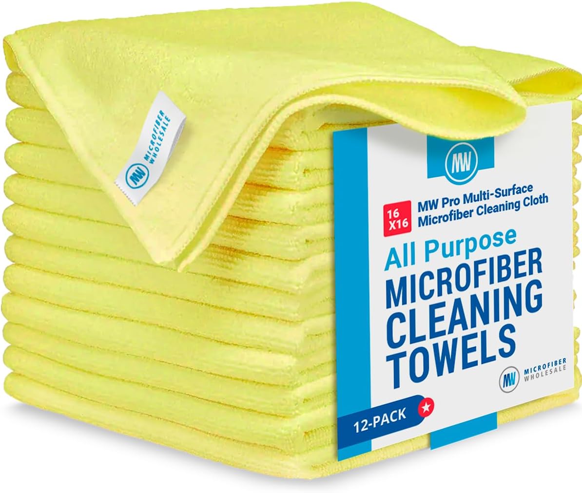 MW Pro Microfiber Cleaning Cloth | Yellow (12 Pack) | Size 16" x 16" | All Purpose Microfiber