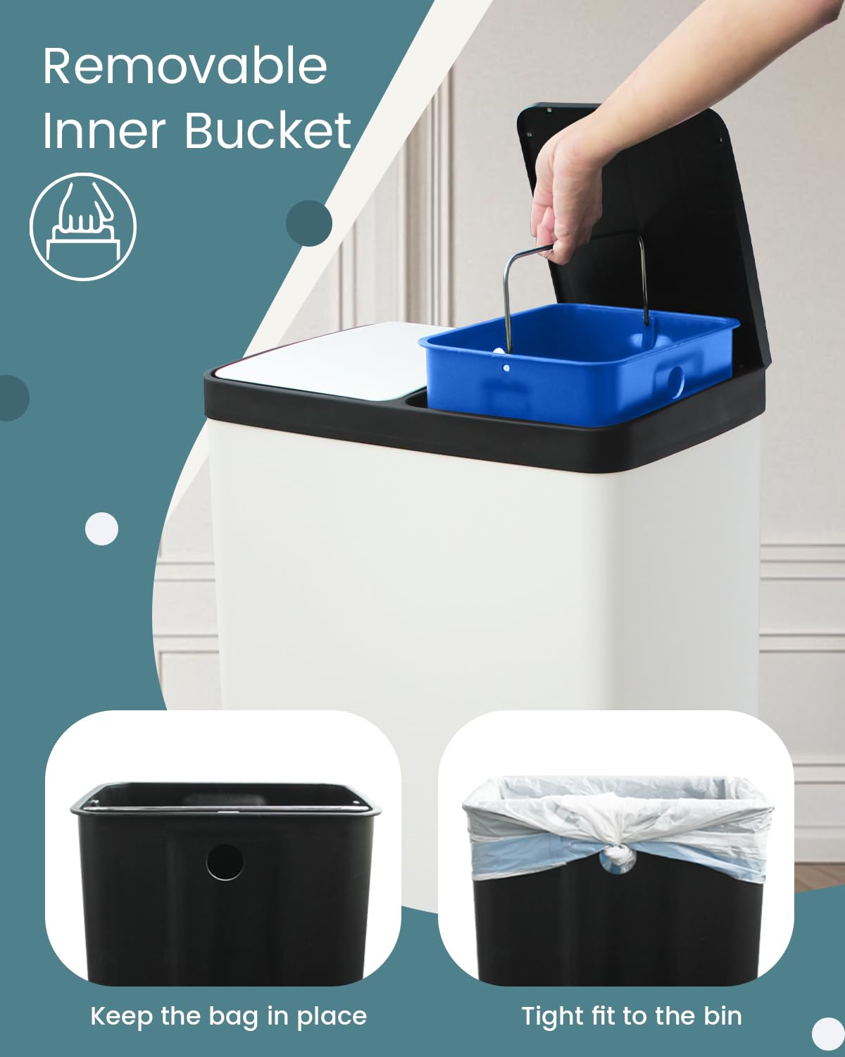 Dual Compartment Stainless Steel Trash Can, 16 Gallon / 60 Liters White Kitchen Garbage Bin with