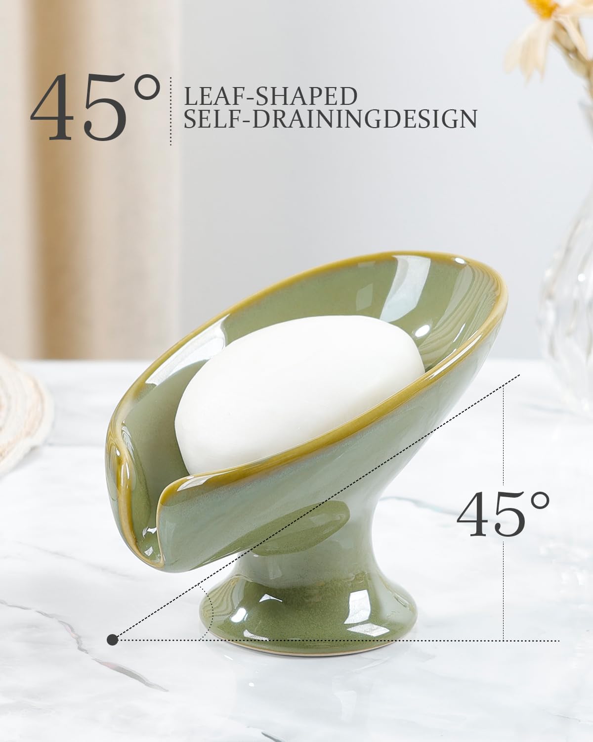Soap Dish, Self Draining Bar Soap Holder for Bathroom Sink, Leaf Shaped Drainage Ceramic Olive