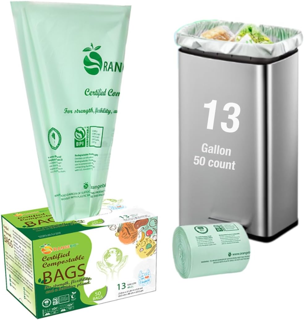 100% Home Compostable Trash Bags 13 Gallon Tall Kitchen, 50 Count, 0.9 Mil, Kitchen Compost Bags