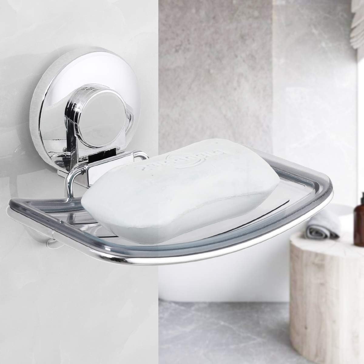 LEVERLOC Chrome Suction Cup Soap Dish Holder for Shower Wall Drill-Free Rustproof Waterproof Wall