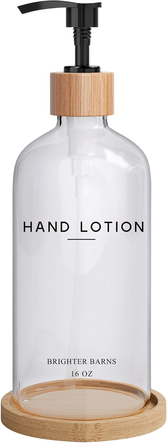 Glass Lotion Dispenser with Pump for Bathroom by Brighter Barns - Hand Lotion Dispenser Set with