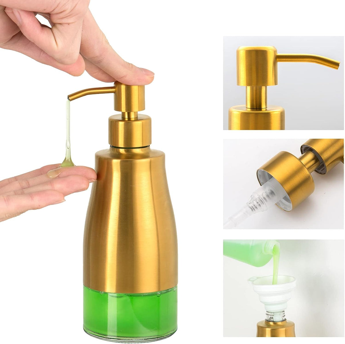 Gaussra Soap Dispenser with Coaster and Stickers, Brushed Gold Stainless Steel Glass Hand Pump