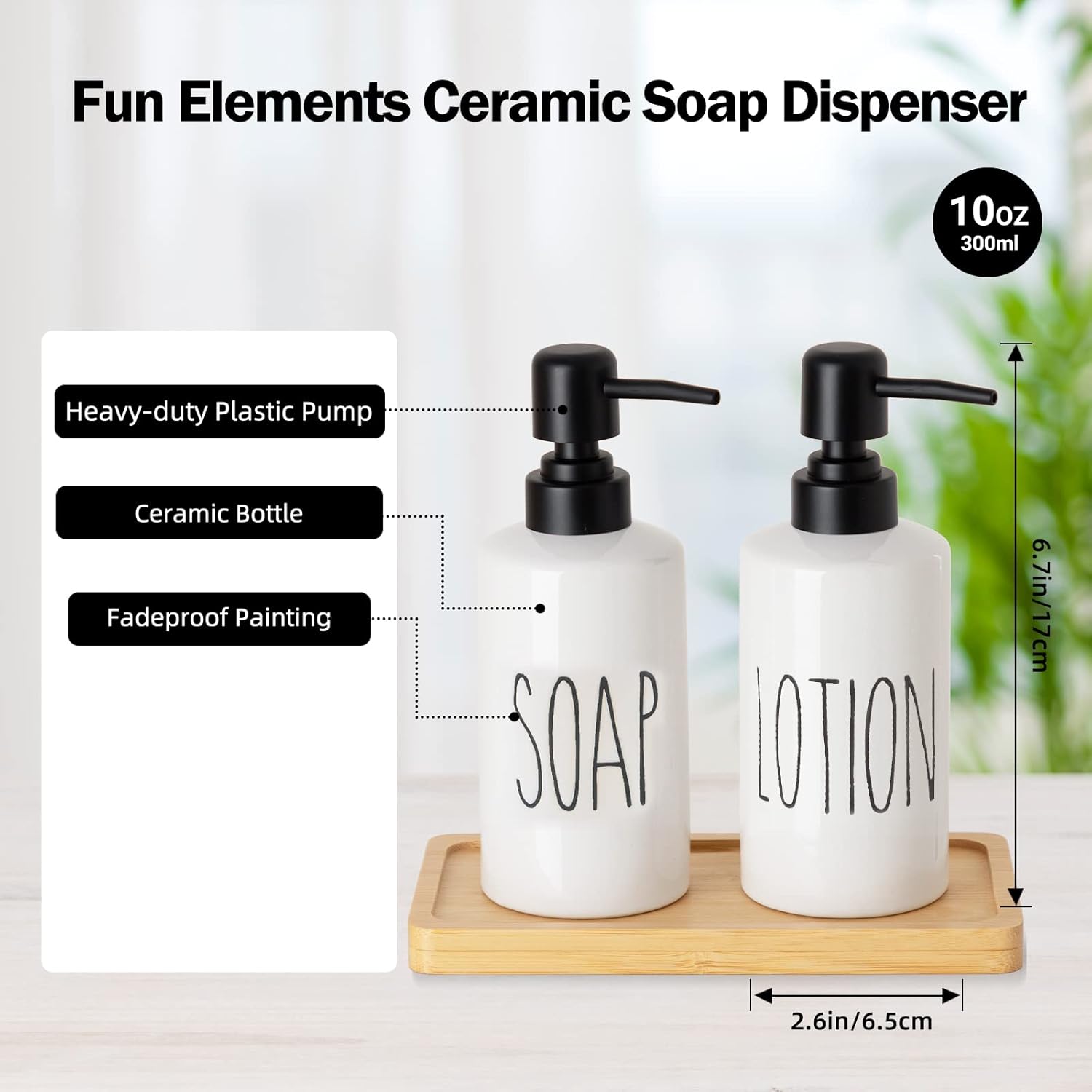 FE Soap Dispenser, 10oz Ceramic Liquid Soap Dispenser for Bathroom Countertop with Plastic