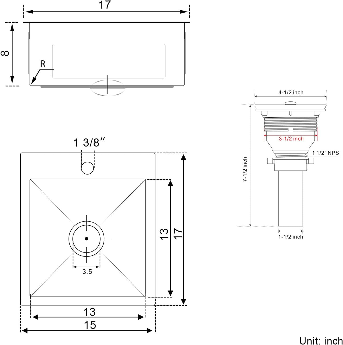 15x17 inch Bar Sink Drop in, Handmade 304 Stainless Steel Sink, 8" Deep Single Bowl, R10 Tight