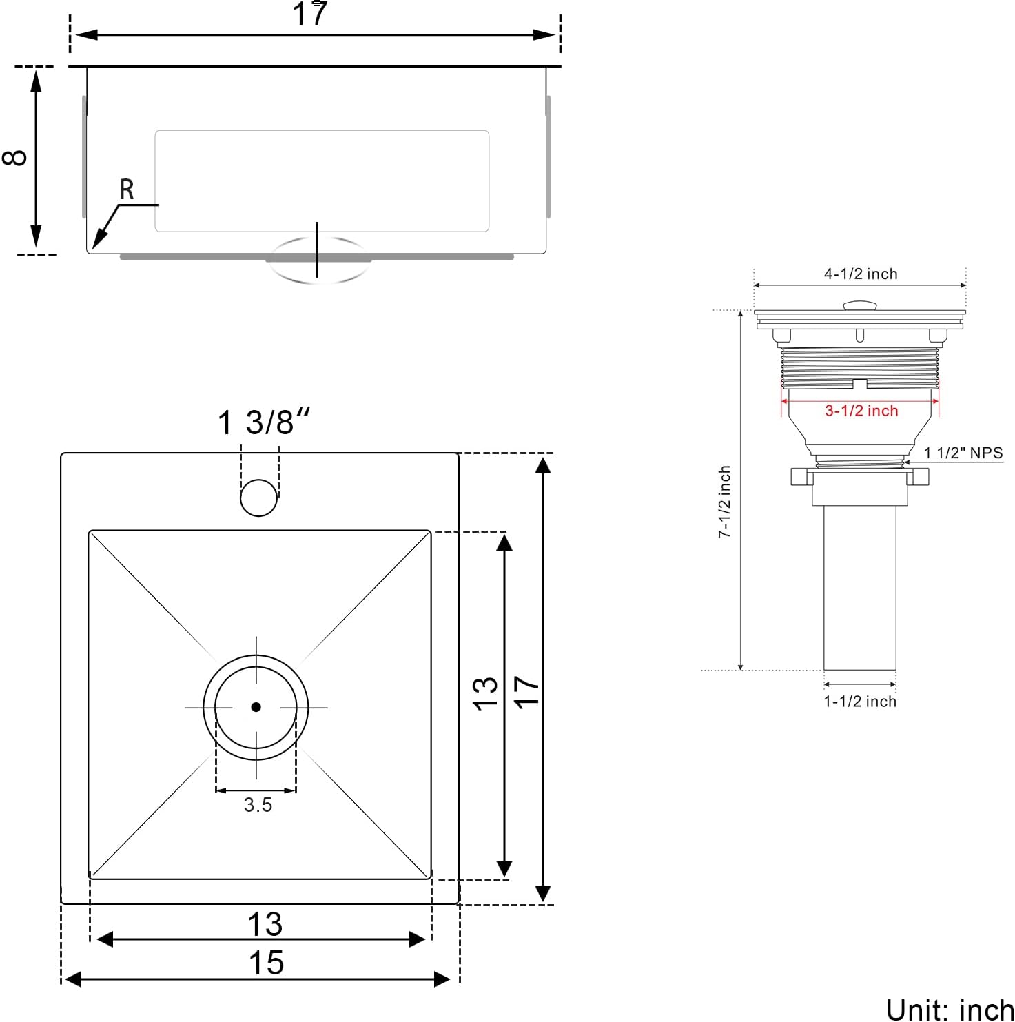 15x17 inch Bar Sink Drop in, Handmade 304 Stainless Steel Sink, 8" Deep Single Bowl, R10 Tight