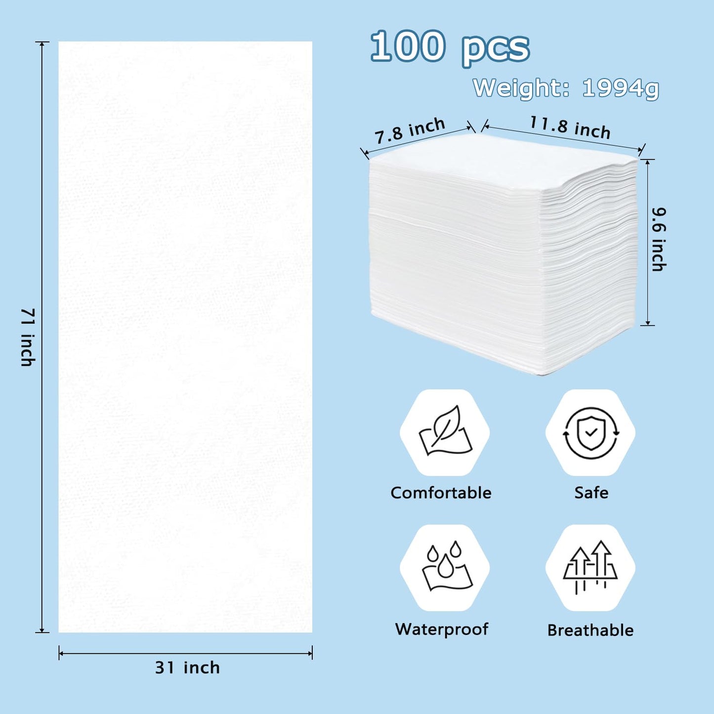 100Pcs Disposable Massage Table Sheets 31" x 71" Non-Woven Fabric Disposable Bed Sheets SPA Bed