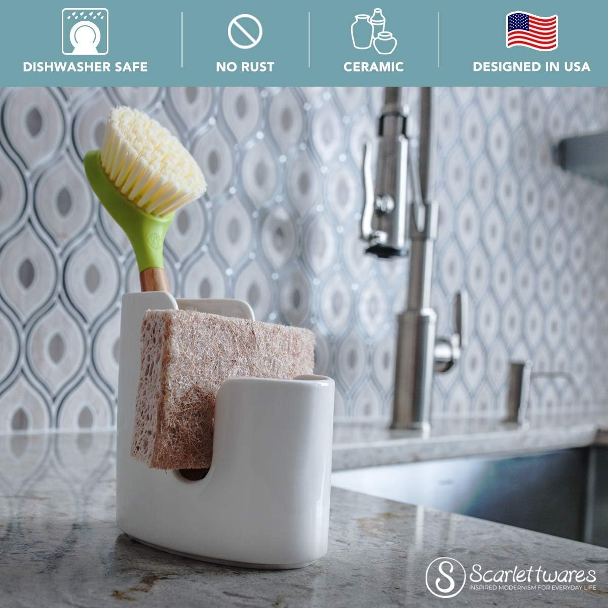 Kitchen Sink Caddy Dish Sponge Holder and Scrub Brush Dish Wand Holder Ceramic White Farmhouse