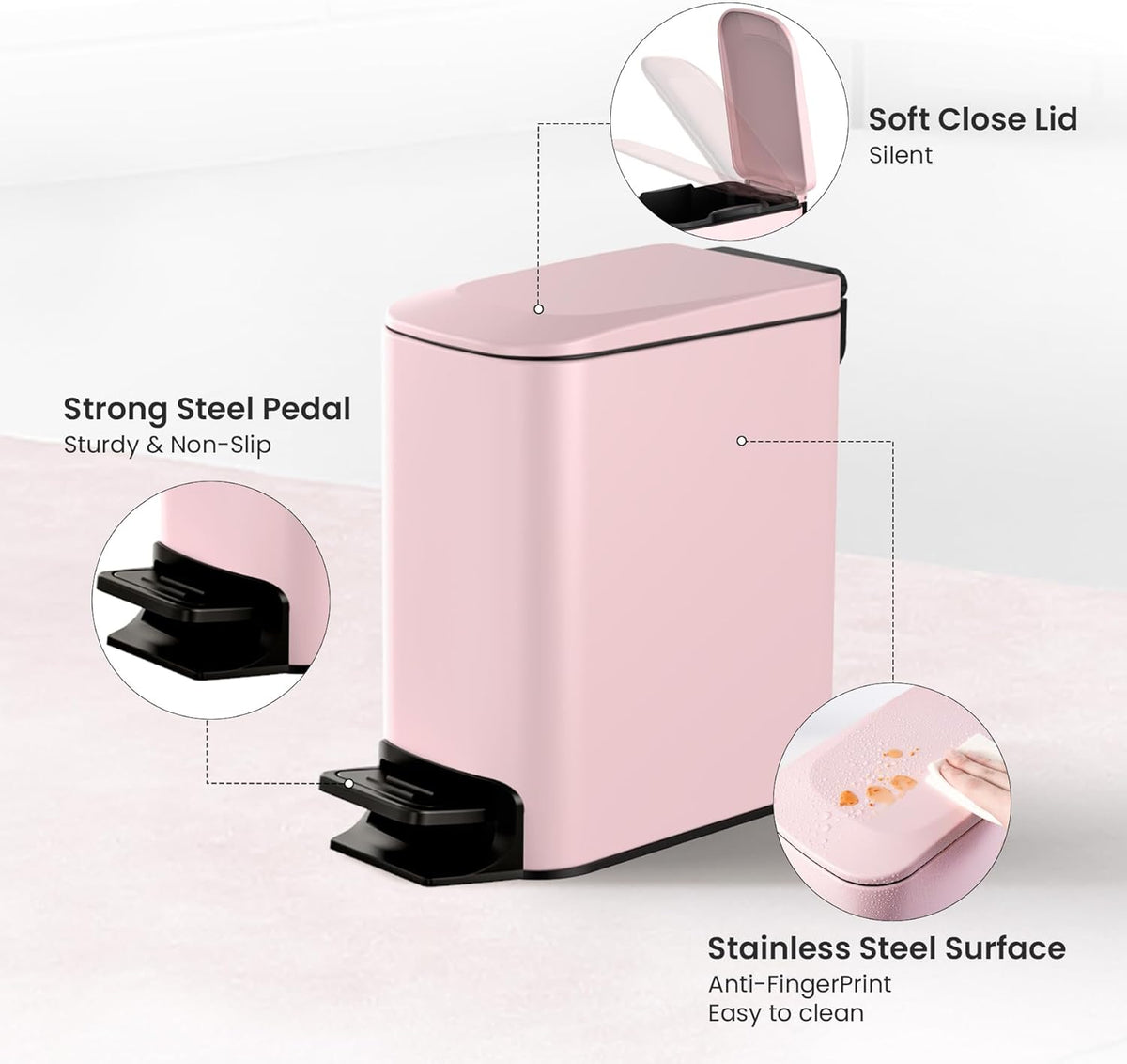 Cesun Small Bathroom Trash Can with Lid Soft Close, Step Pedal, 6 Liter / 1.6 Gallon Stainless