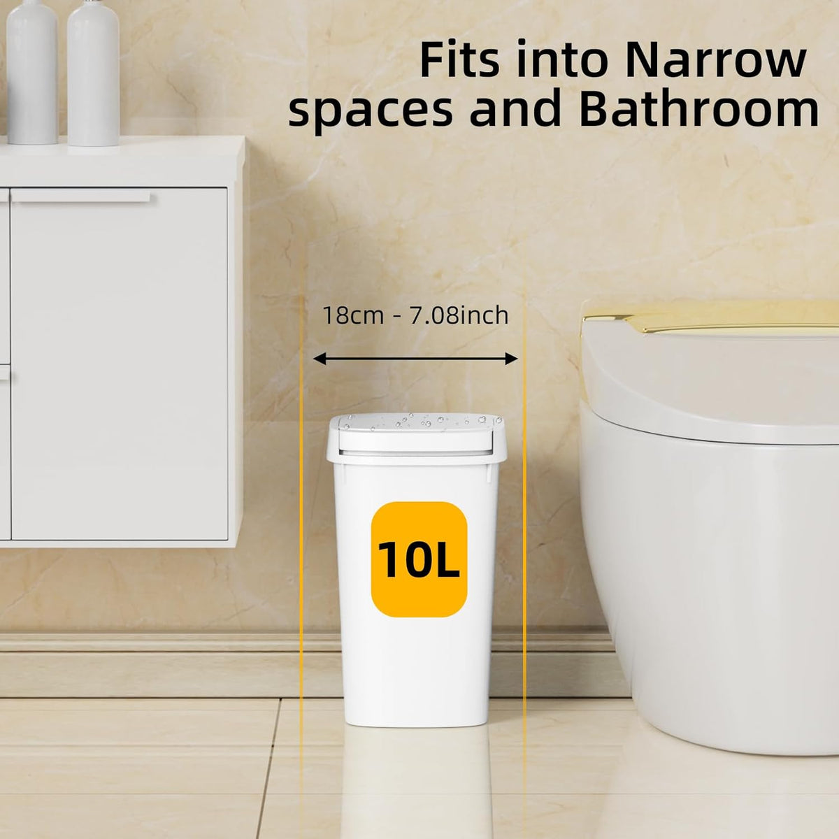 3 Pack Bathroom Small Trash Can with Lid, 2.6 Gallon Slim Garbage Bin with Pop-Up Lid, 10L Plastic