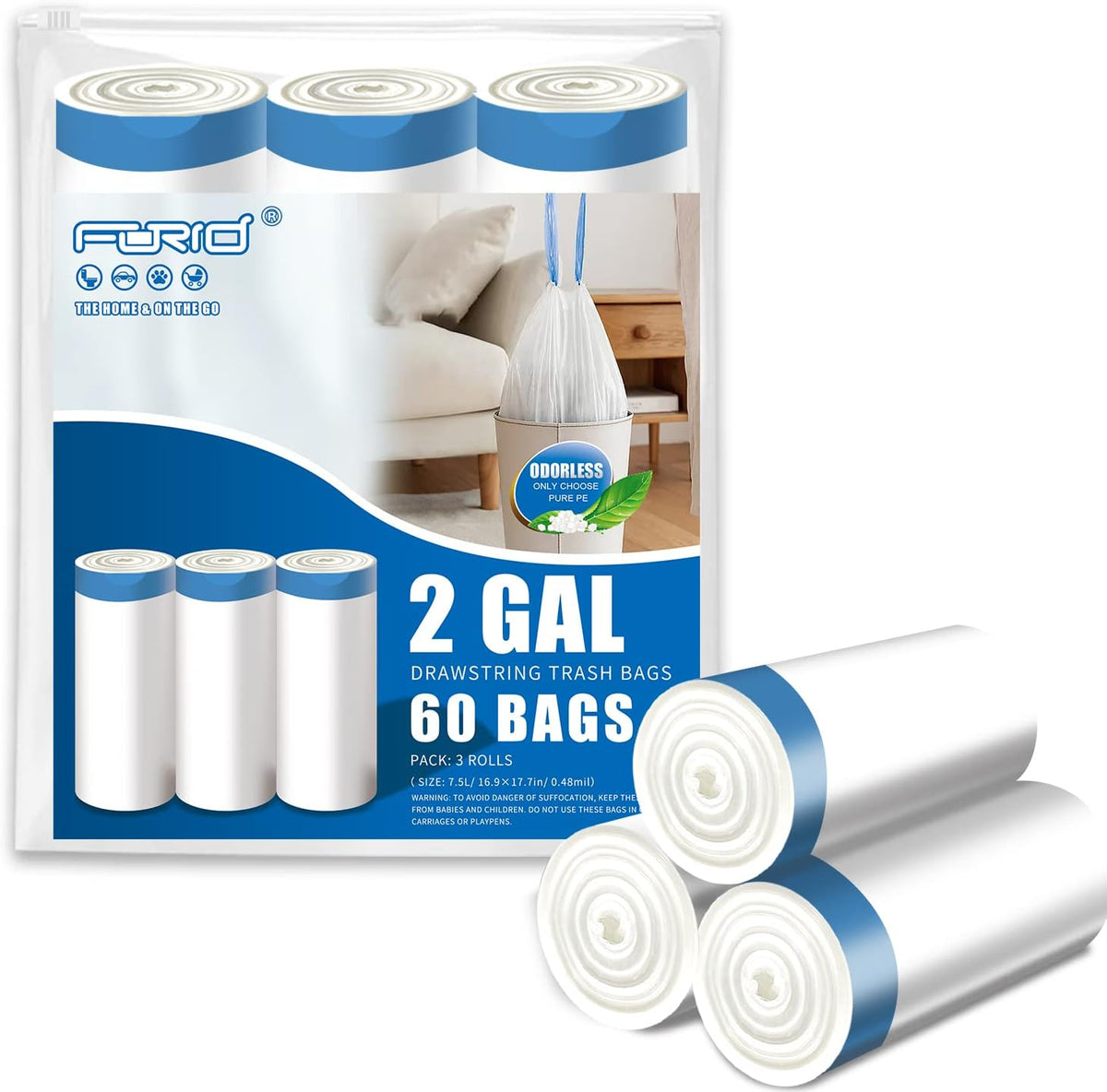 FORID Mini Drawstring Trash Bags - 2 Gallon Small Bathroom Garbage Bags White Plastic Trash Can