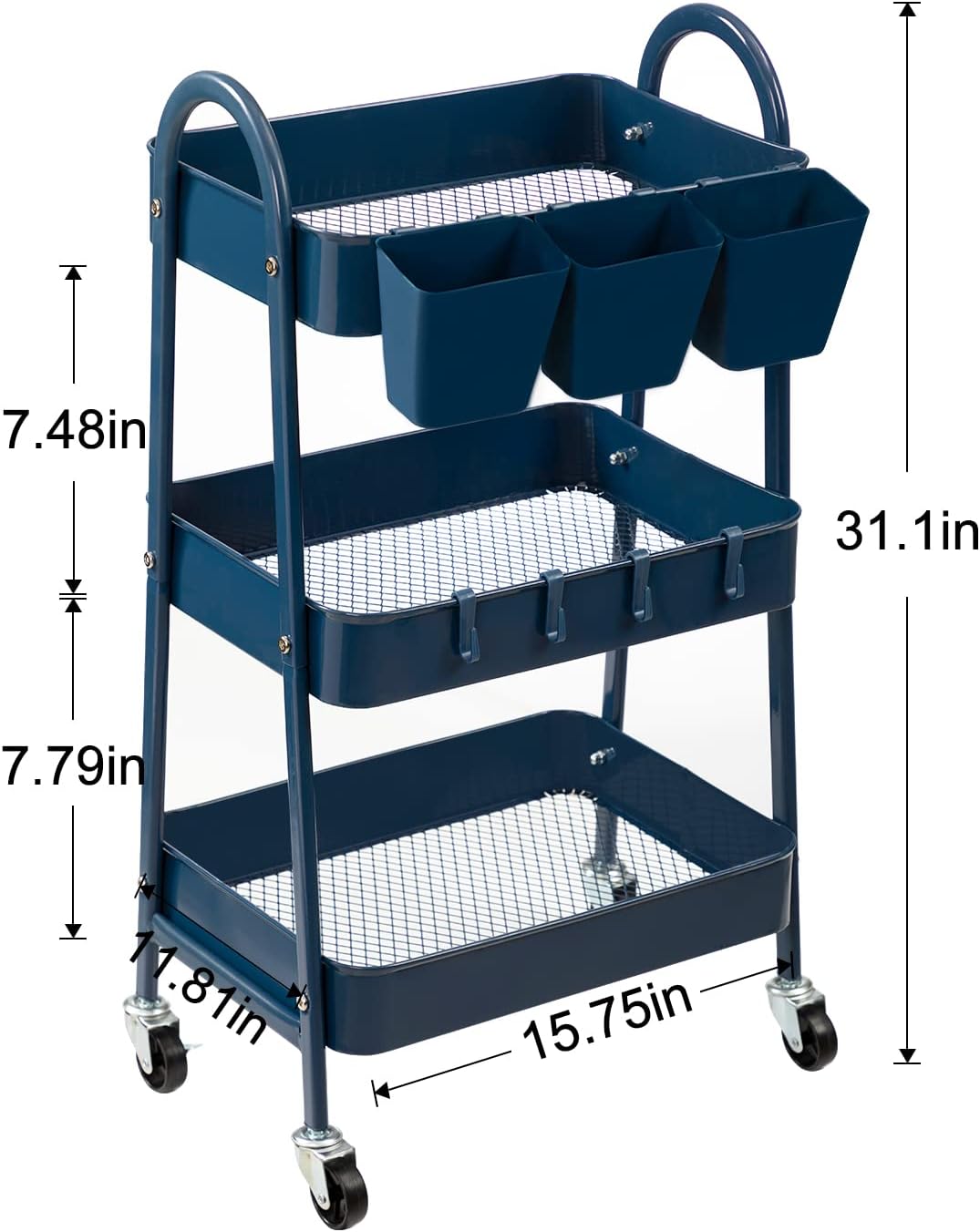danpinera 3-Tier Rolling Cart, Metal Rolling Storage Cart with Lockable Wheels & Hanging Cups &