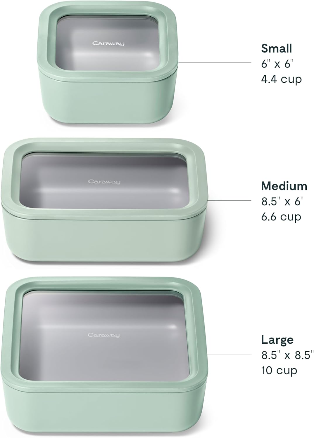 Caraway 3pc Glass Food Storage Set – 10 Cup, 6.6 Cup, & 4.4 Cup Food Containers - Ceramic Coated