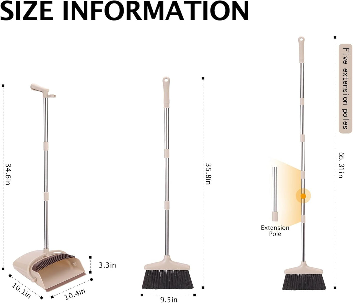 Broom and Dustpan Set with Long Handle, Light Weight Stainless Steel Poles Stand Upright Dustpans