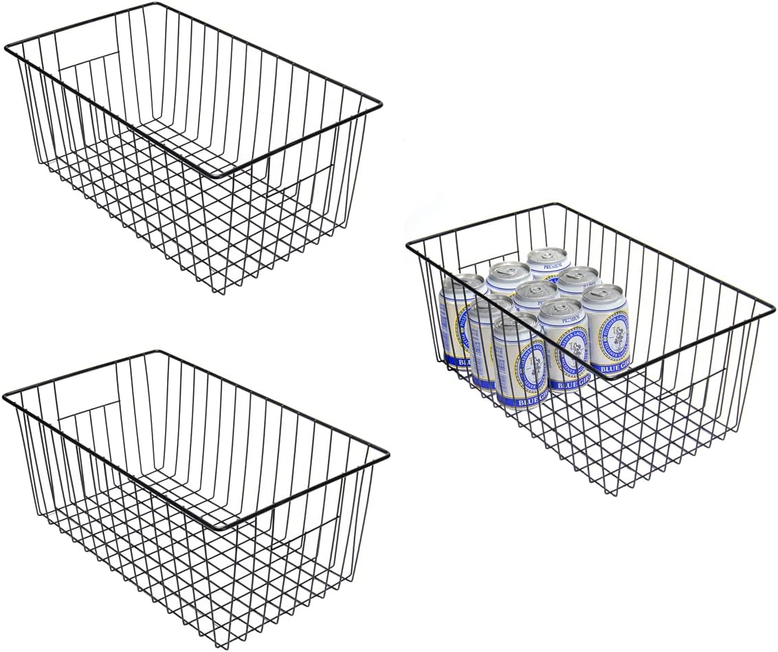 16inch Freezer Storage Organizer Baskets, Refrigerator Metal Wire Basket Bins with Handles for