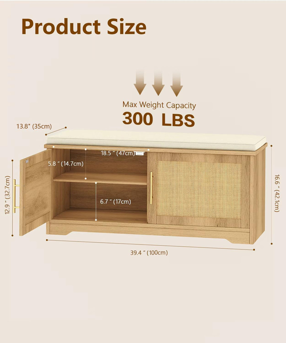 Zeibospri Rattan Shoe Storage Bench, 39.4" Wide Entryway Bench, Natural Oak