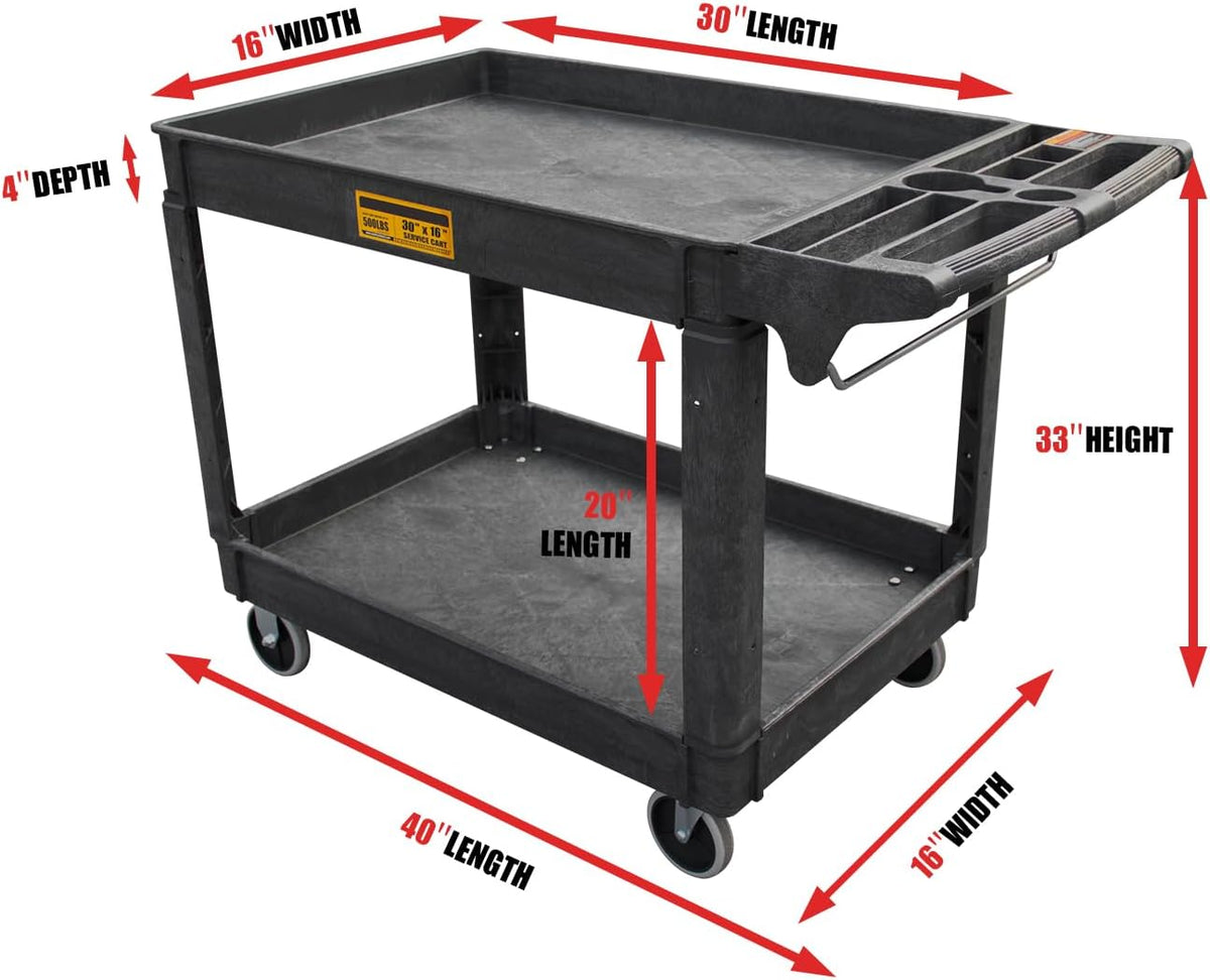 Utility Service Cart, 2-Shelf 500LBS Heavy Duty Plastic Rolling Utility Cart with 360° Swivel