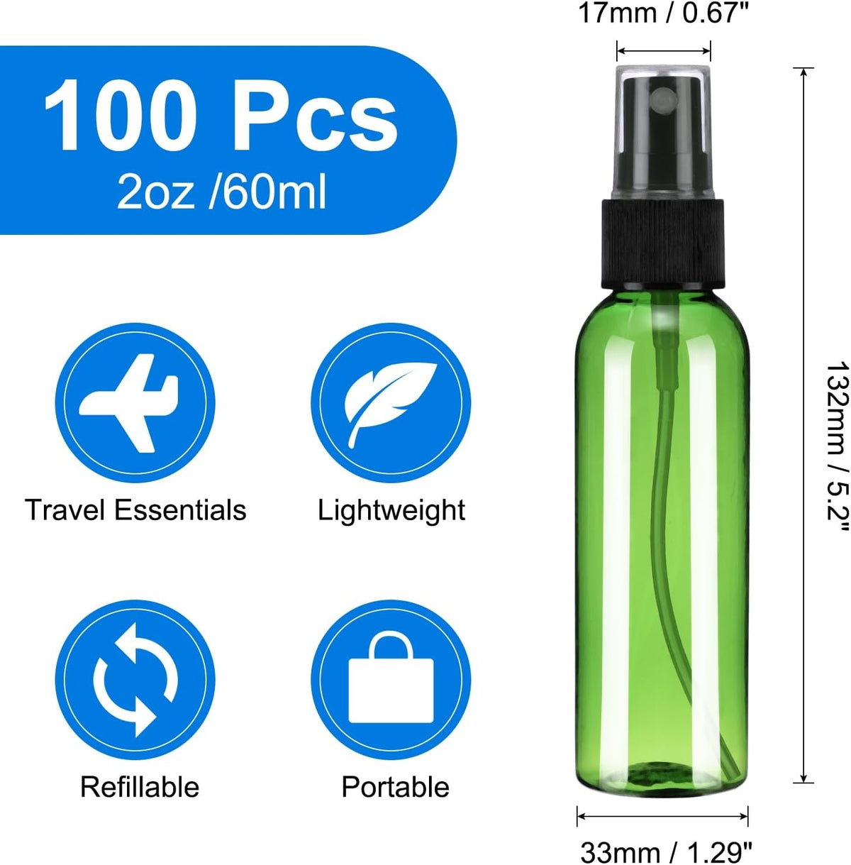 uxcell 100Pack Spray Bottles, 2Oz/60ML Reusable Clear Empty Mist Plastic Mini Travel Bottle