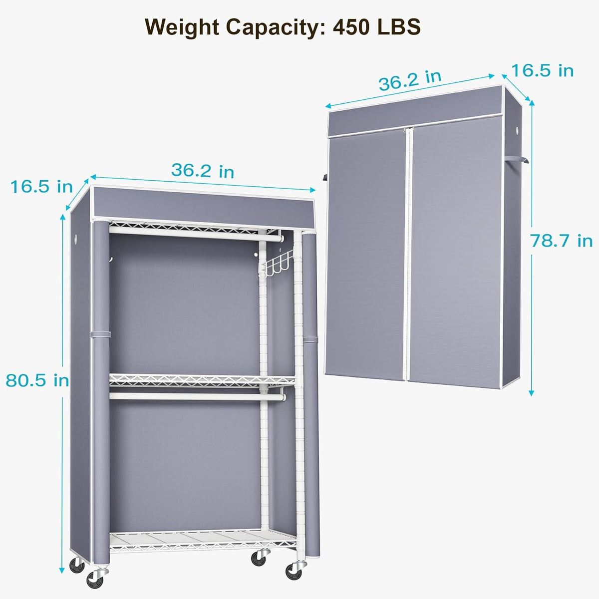 FUTASSI White Clothing Rack with Grey Cover, P1C Rolling Closet Rack with Wheels, Metal Garment