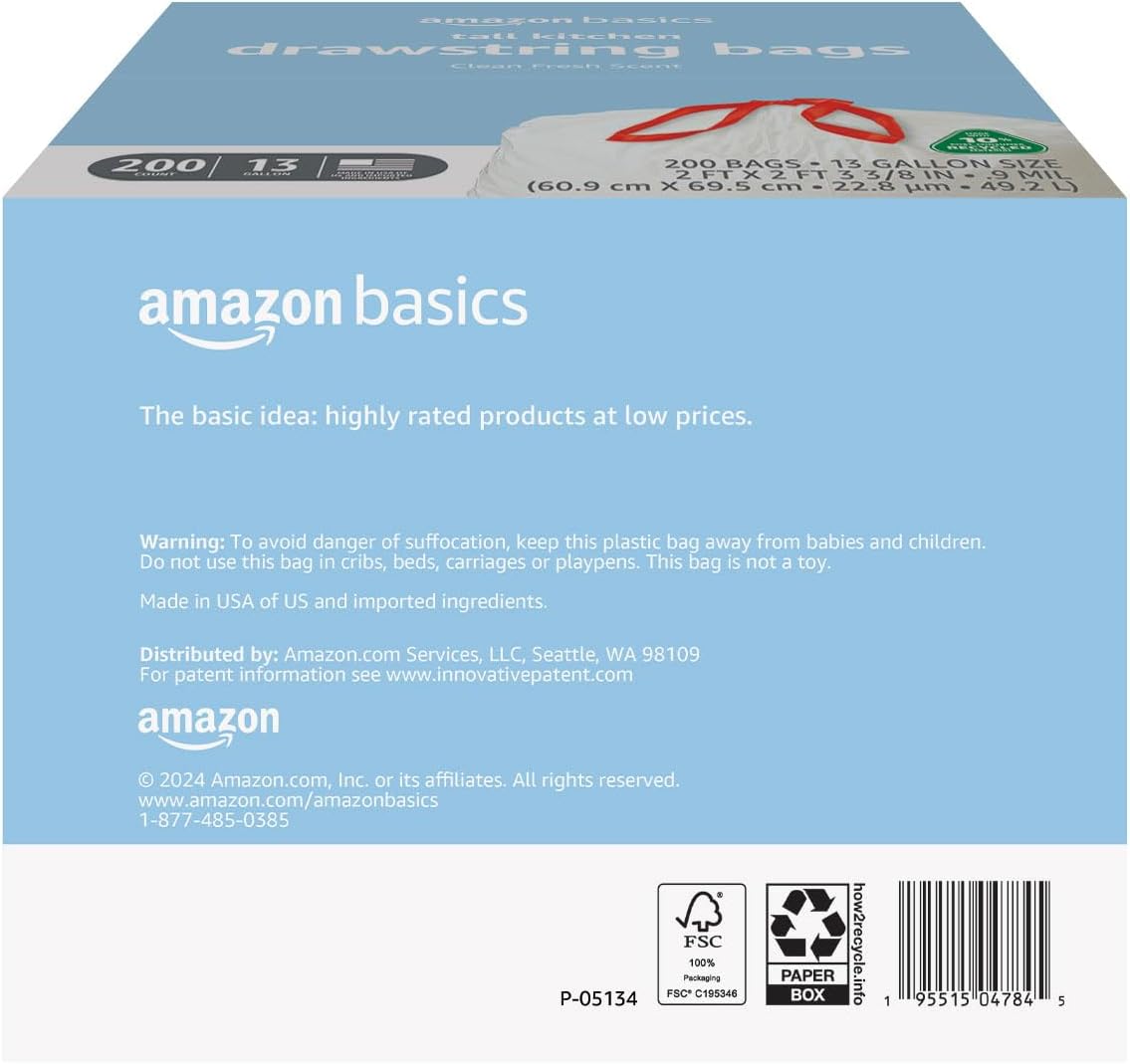 Amazon Basics 13 Gallon Tall Kitchen Drawstring Trash Bags, Clean Fresh Scnet, 10% Post Consumer