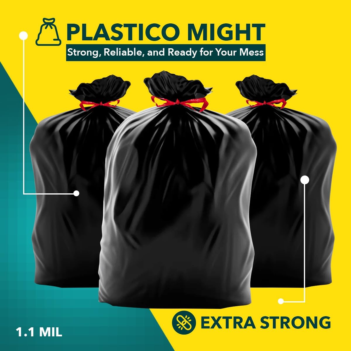 Plastico Extra Tall Kitchen Trash Bags - 18 Gallon, Black, 36 Garbage Bags, Extra Strong, Easy