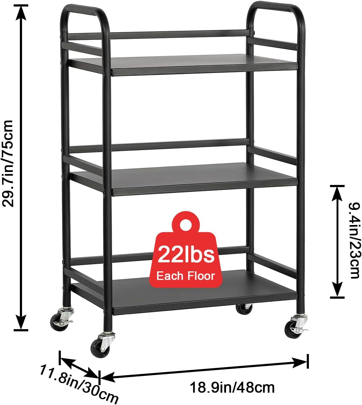 HDANI 3 Tier Rolling Cart Shelves,Heavy Duty Multifunctional Metal Frame-Supports 22 Lbs Per