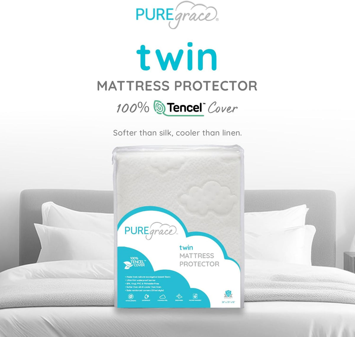 PUREgrace Tencel Mattress Protector (Twin) – Waterproof, Noiseless Cover for Potty Training