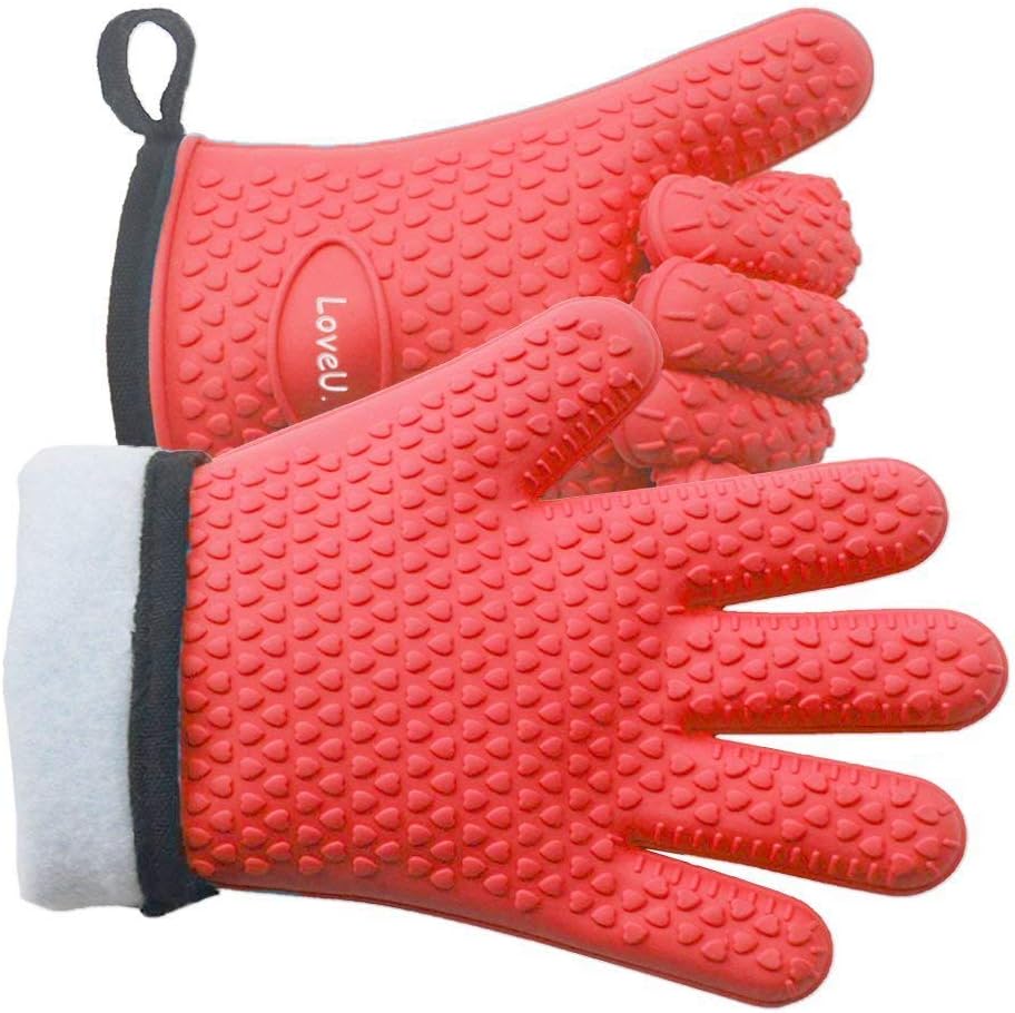 Kitchen Oven Gloves - Dual-Layer Heat Resistant Grilling Gloves, Silicone Oven Mitts with 5