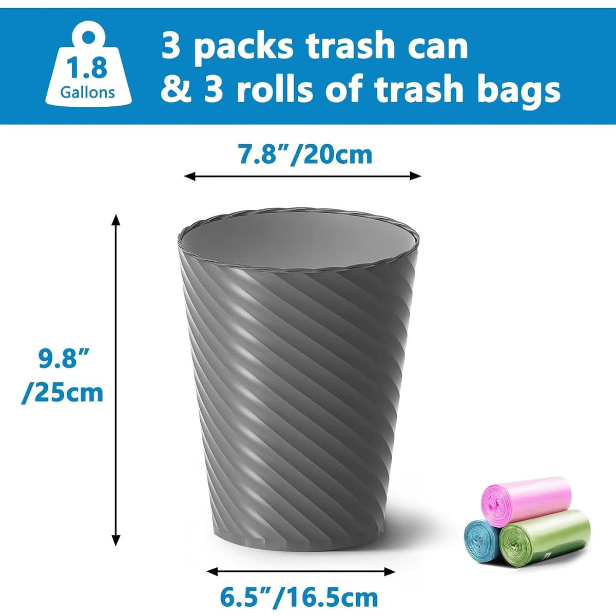 Bathroom Trash Can, 3 Pack 1.8 Gallons Small Trash Can with Trash Bags, Bathroom Garbage Can