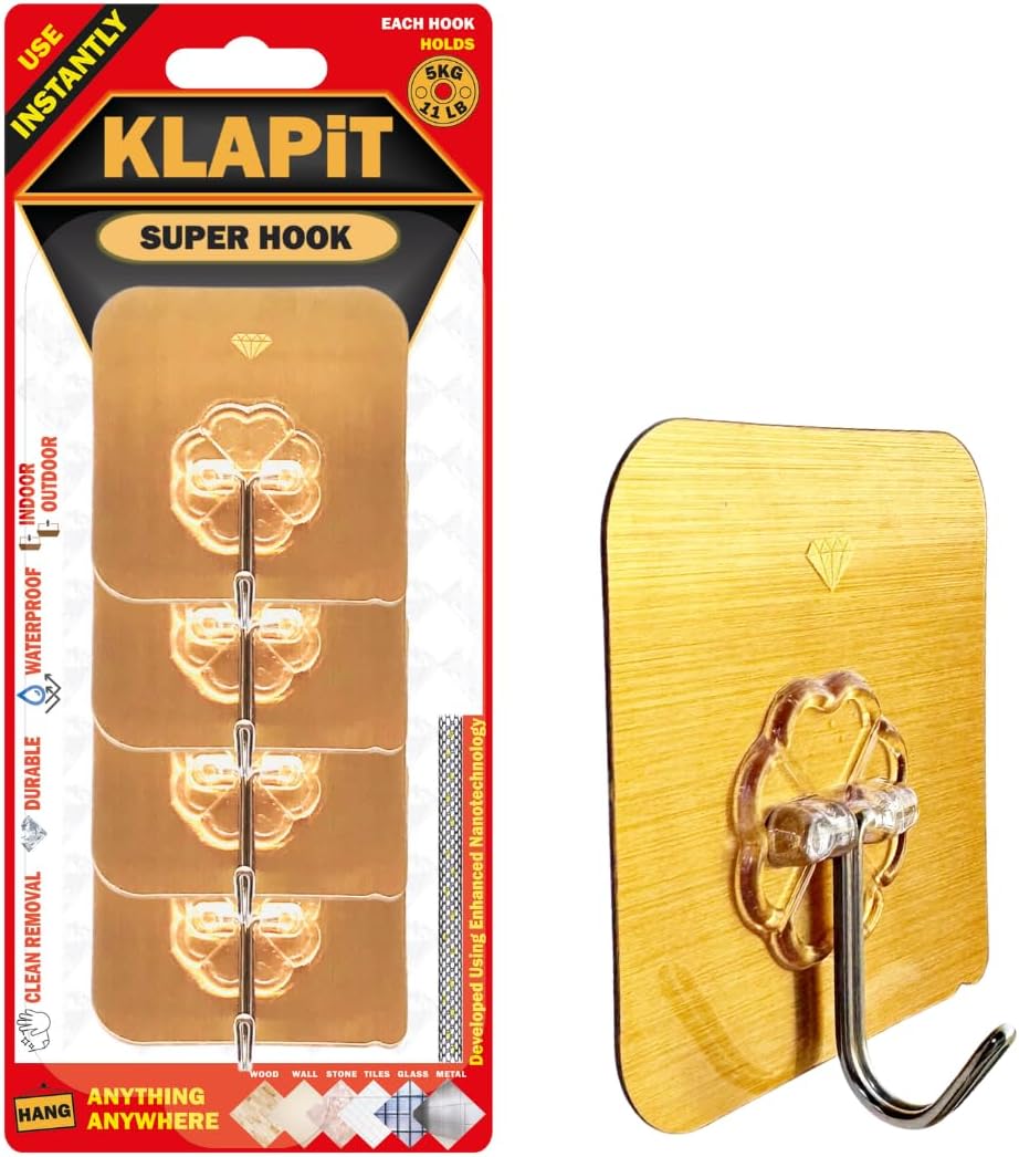 KLAPiT Super Hook - Heavy-Duty Adhesive Gold Wall Hooks, Holds Up to 11 lbs, Waterproof, No Damage