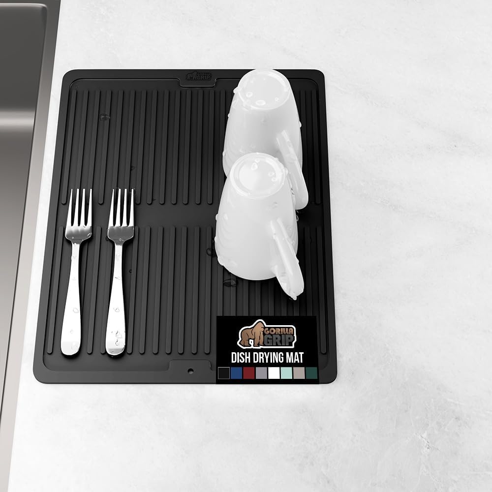 GORILLA GRIP 100% BPA-Free Patented Silicone Dish Drying Mat for Kitchen Counter, Water Catching