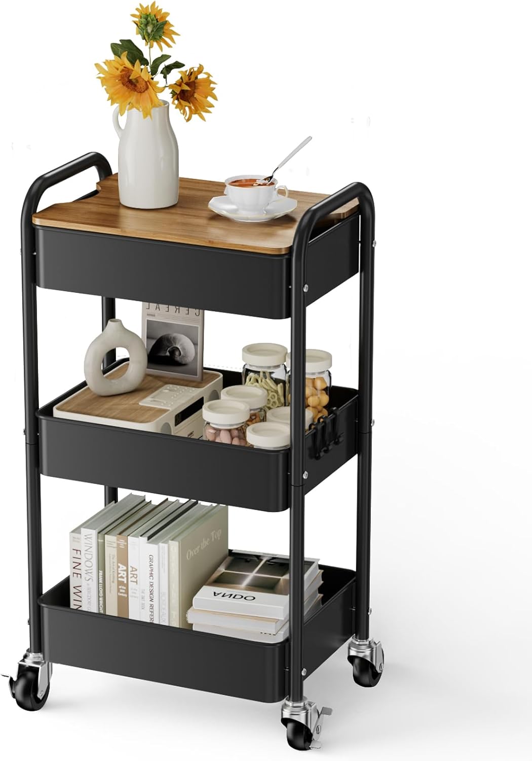 3 Tier Rolling Cart with Table top, Metal Utility Cart, Sturdy Storage Organizer Cart with Locking