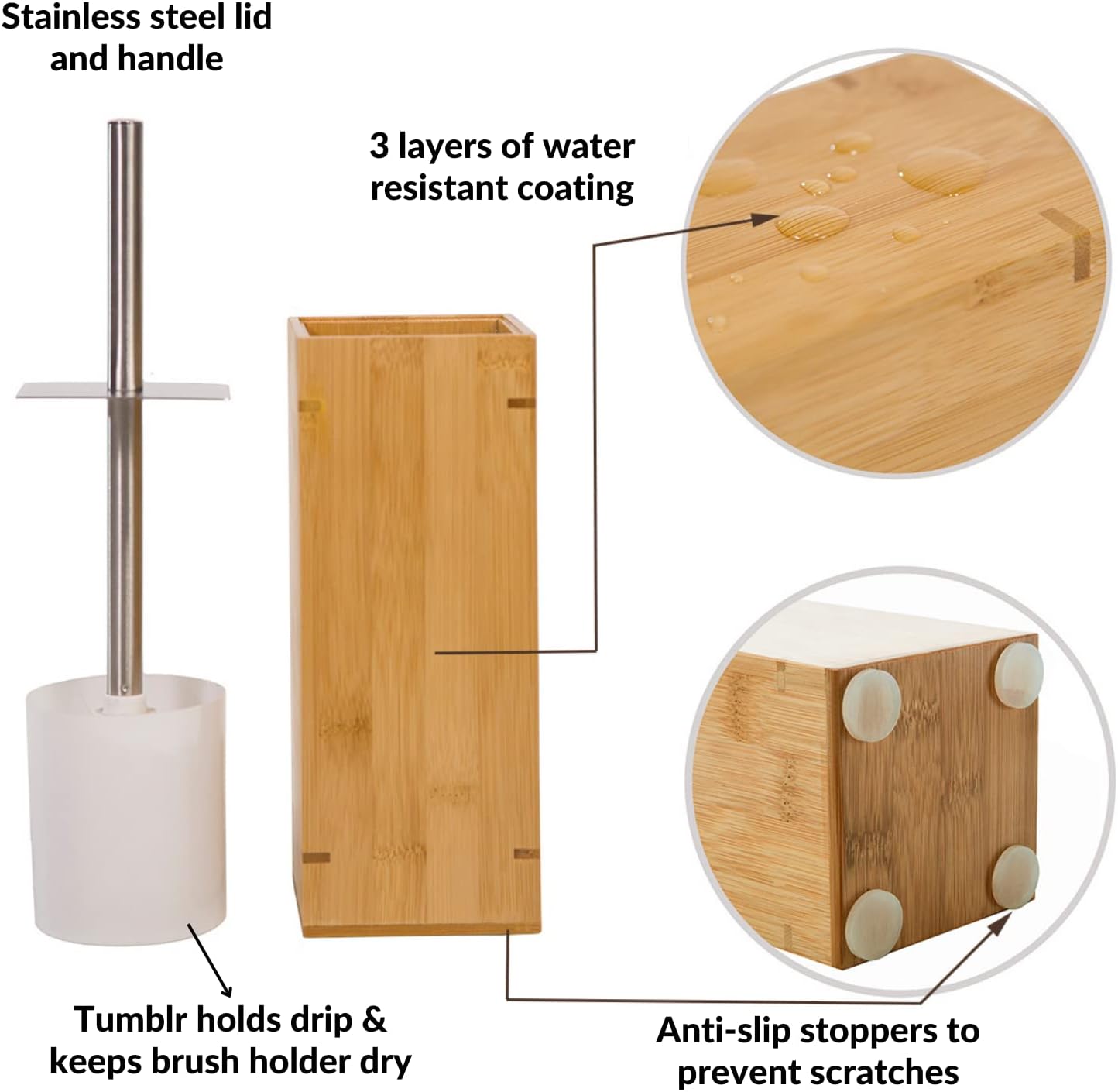 GOBAM Bamboo Toilet Bowl Cleaner with Holder for All Toilet Types - Hidden Stainless Steel Toilet