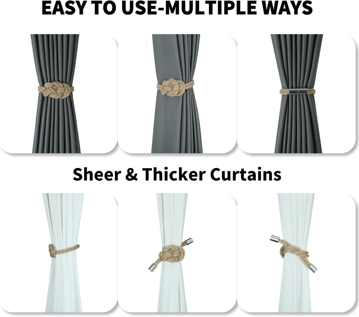 4 Pack Natural Jute Magnetic Curtain Tiebacks, Boho Rustic Style Decorative Curtain Ties Backs for