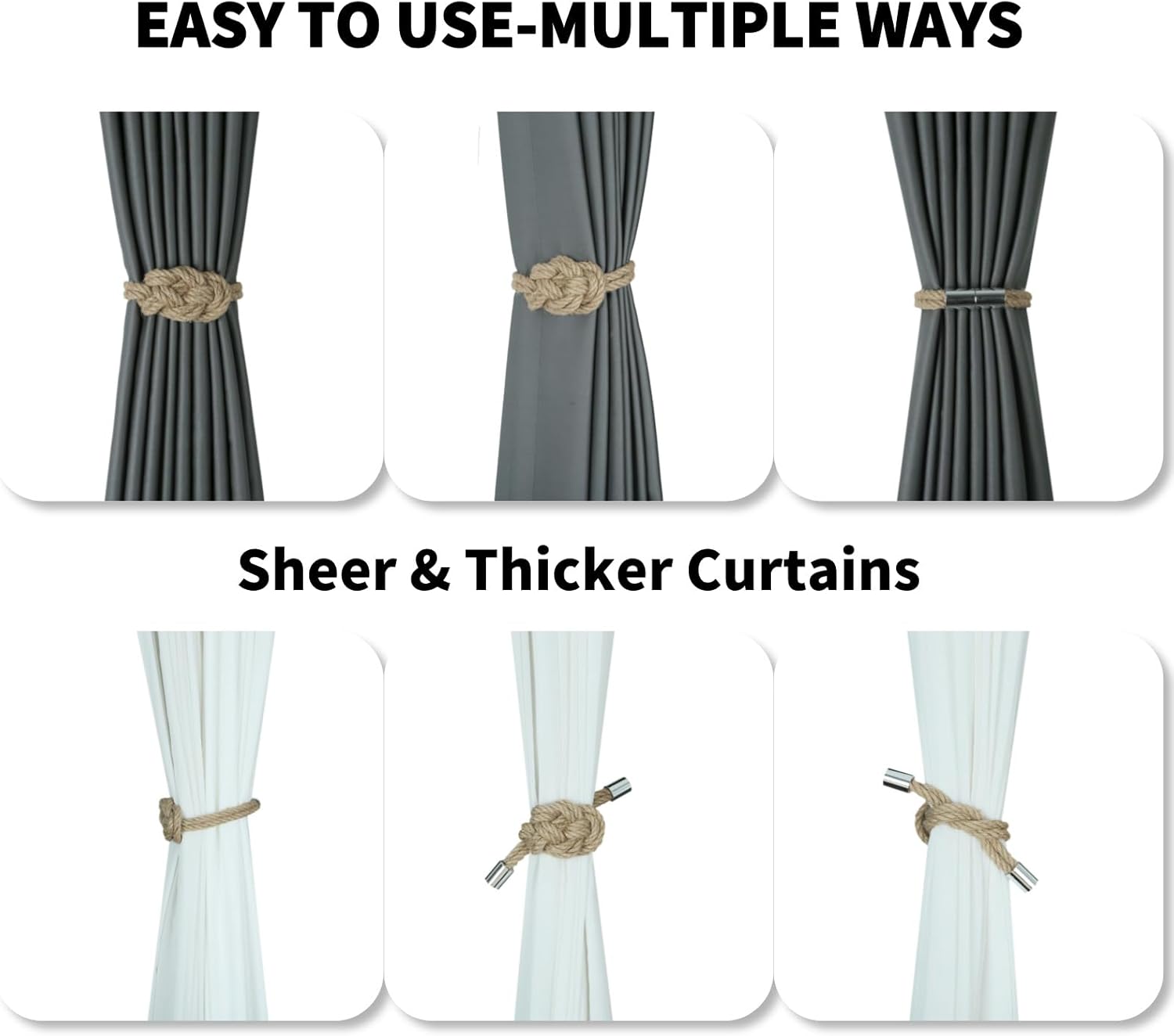 4 Pack Natural Jute Magnetic Curtain Tiebacks, Boho Rustic Style Decorative Curtain Ties Backs for