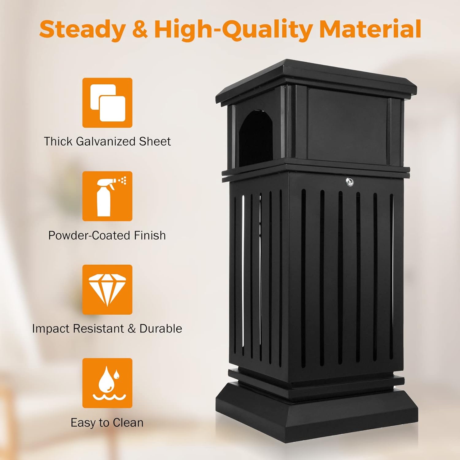 BEAMNOVA Trash Can Outdoor Top Tray Matte Black Stainless Steel Commercial Garbage Enclosure with