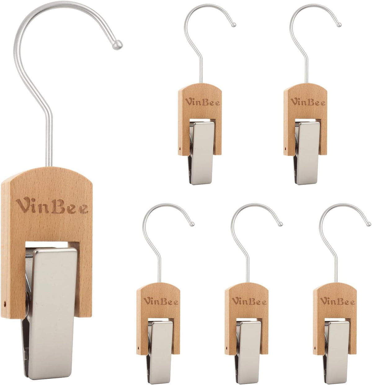 VinBee 6 PCS Hooks with Clips for Hanging,Wooden Laundry Hooks Hanging Clips Hook,Clothes Pins with