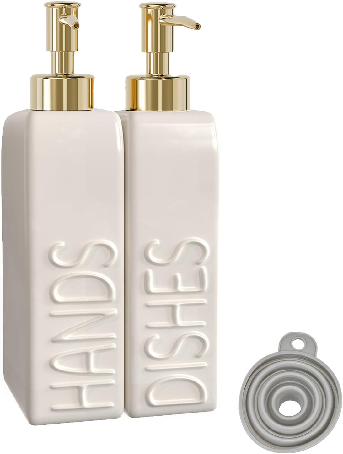 Soap Dispenser Set with Gold Stainless Steel Pump and a Funnel, 2 Pack Modern Ceramic Refillable