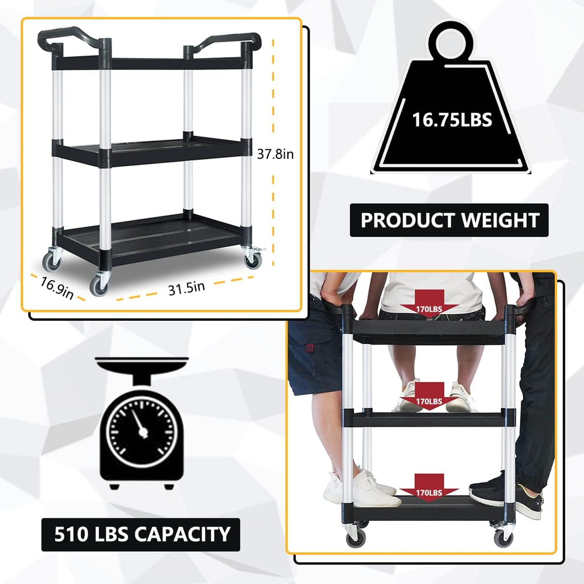 Plastic Utility Carts with Wheels, Heavy Duty 510lbs Capacity Rolling Service Cart, 3-Tier