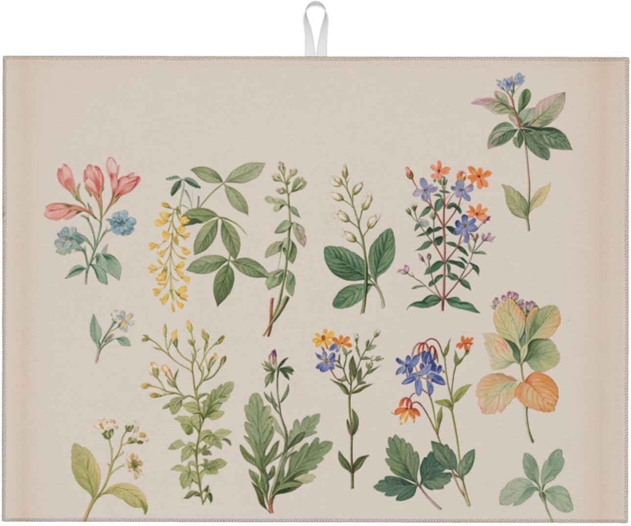 Vintage Plants Herbs Floral Dish Drying Mat Highly Absorbent Double-Sided Microfiber with Hanging