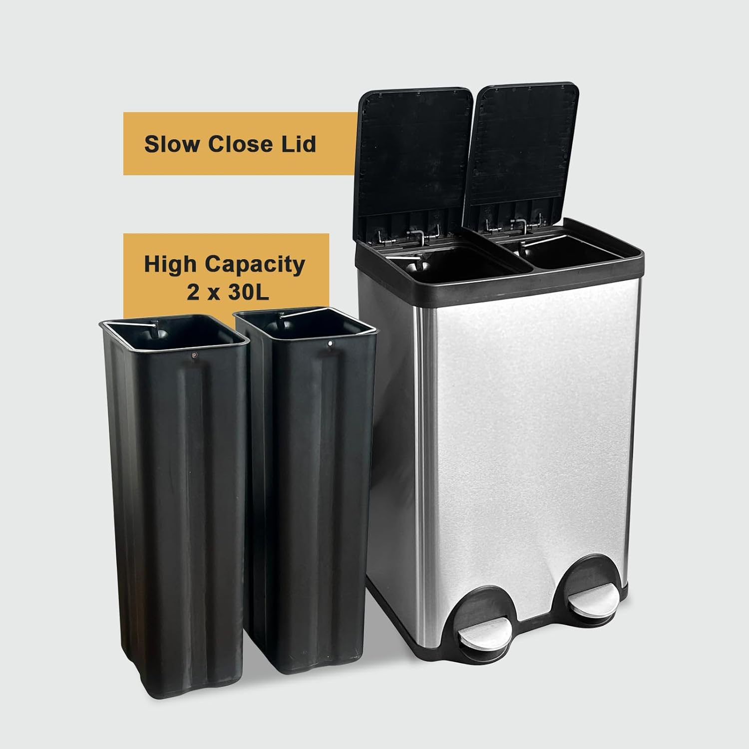 Dual Trash Can, 60 Liter/16 Gallon Dual Bin Trash Can with Lids, Trash and Recycling Bin Combo